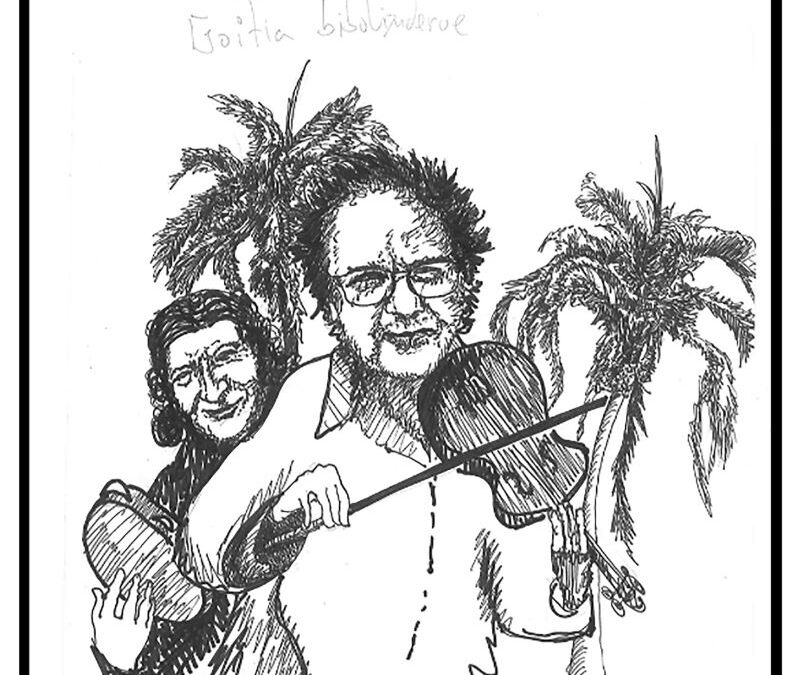 Dibujo a carboncillo, dos músicos uno con pandereta y otro con violin