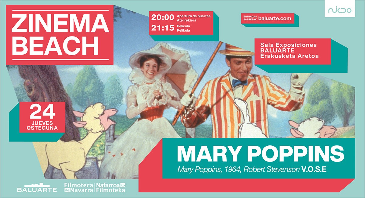 Cartel Mary Poppins en el cine en la playa de baluarte