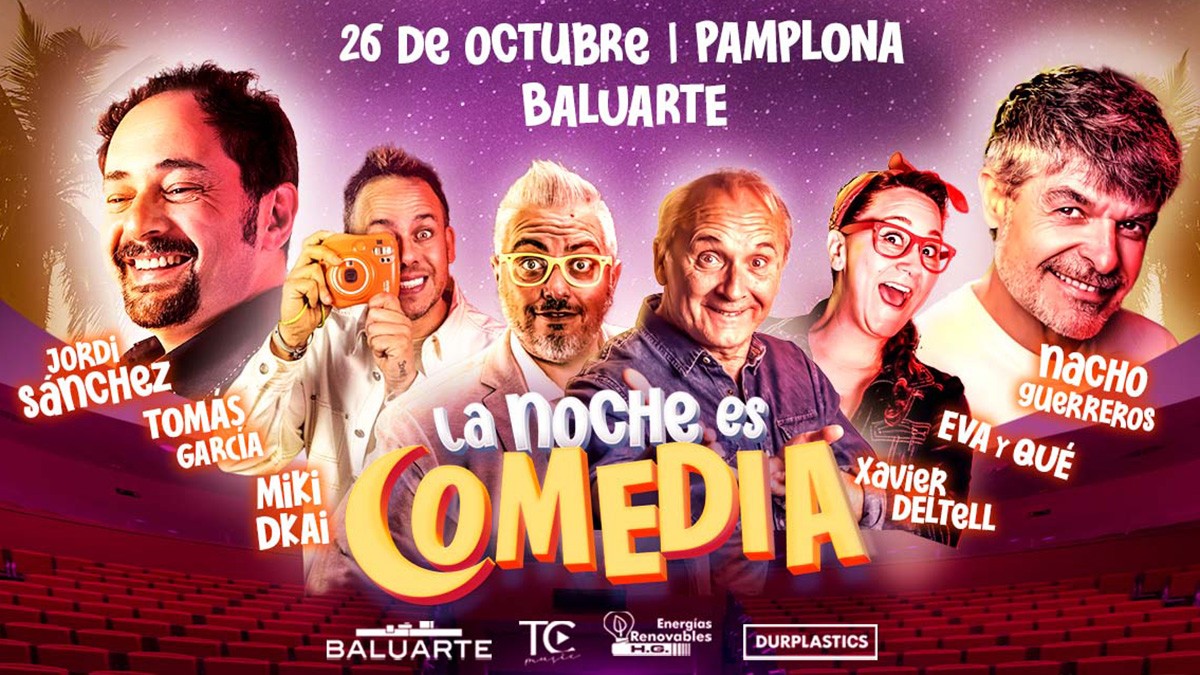 Cartel La Noche es comedia donde podemos ver la web del evento y las caras de los diferentes actores que intervienen y logos de empresas organizadoras