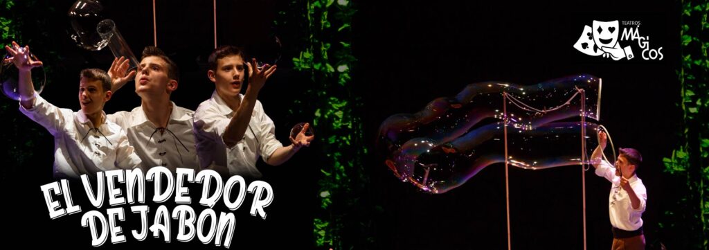 Cartel obra el vendedor de jabón donde se ve a tres jóvenes haciendo pompas de jabón
