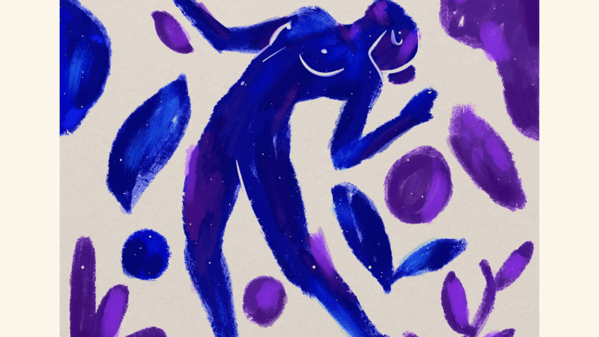 portada del disco Sientete de Maite Iriarte. En el se ve la silueta de un dibujo de una mujer en tonos azules y morados, que está bailando.