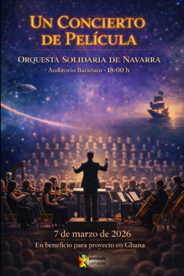 Banda de musica clasica dando un concierto, con un fondo interestellar en el que se ve un mar y un barco y una nave espacial