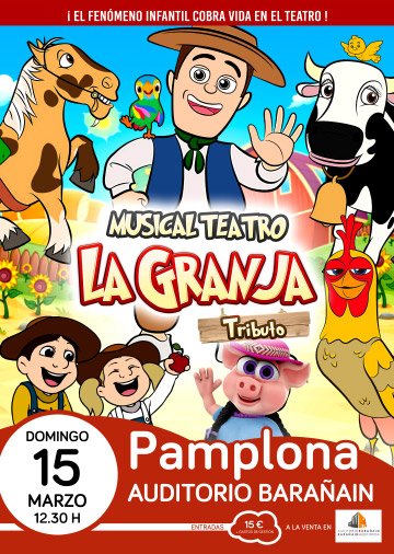 cartel dibujos de granja. Aparece en la arte superior un caballo, un granjero saludando con un loro en el hombre izquierdo, una baca. con un pollito en la cabeza. En la parte inferior un niño y una niña, un cerdito saludando y una gallina.